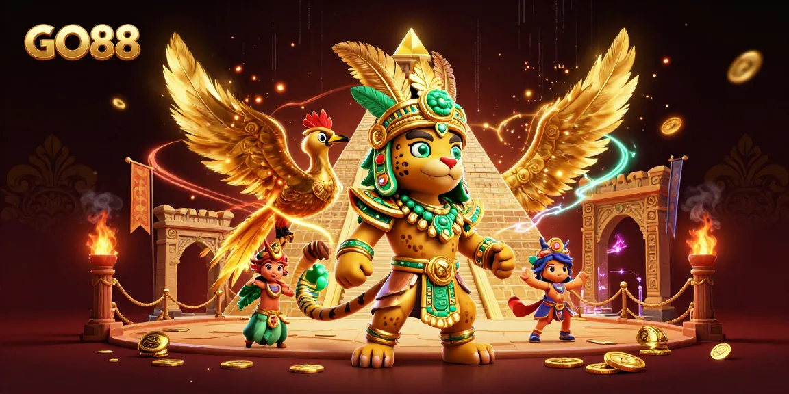 Experience thrilling gameplay at GO88 with vibrant casino elements, showcasing a dynamic Mayan priest and bird.