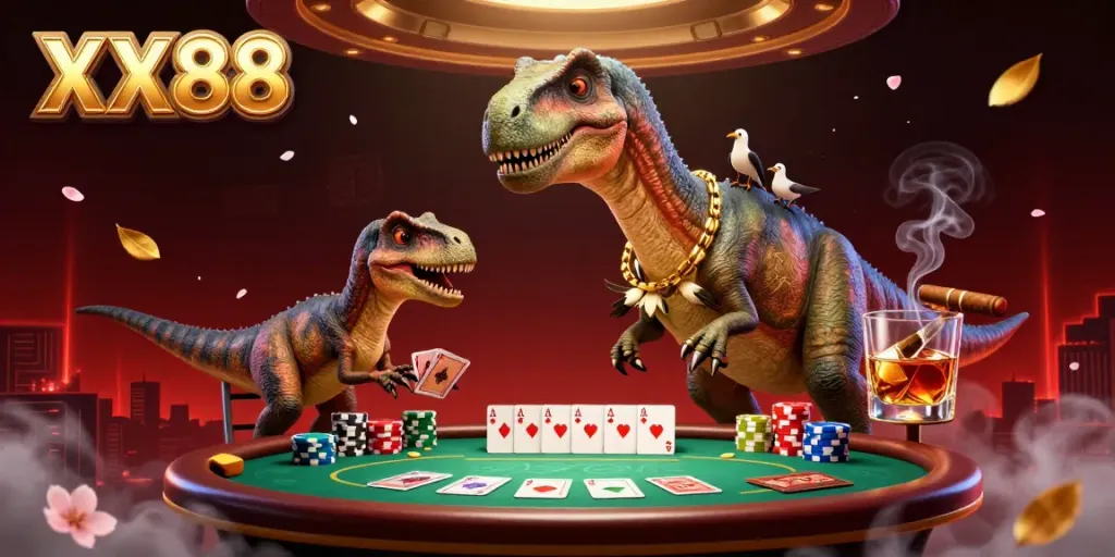 Experience thrilling high-stakes poker action at XX88 with a whimsical dinosaur dealer and elaborate casino ambiance.