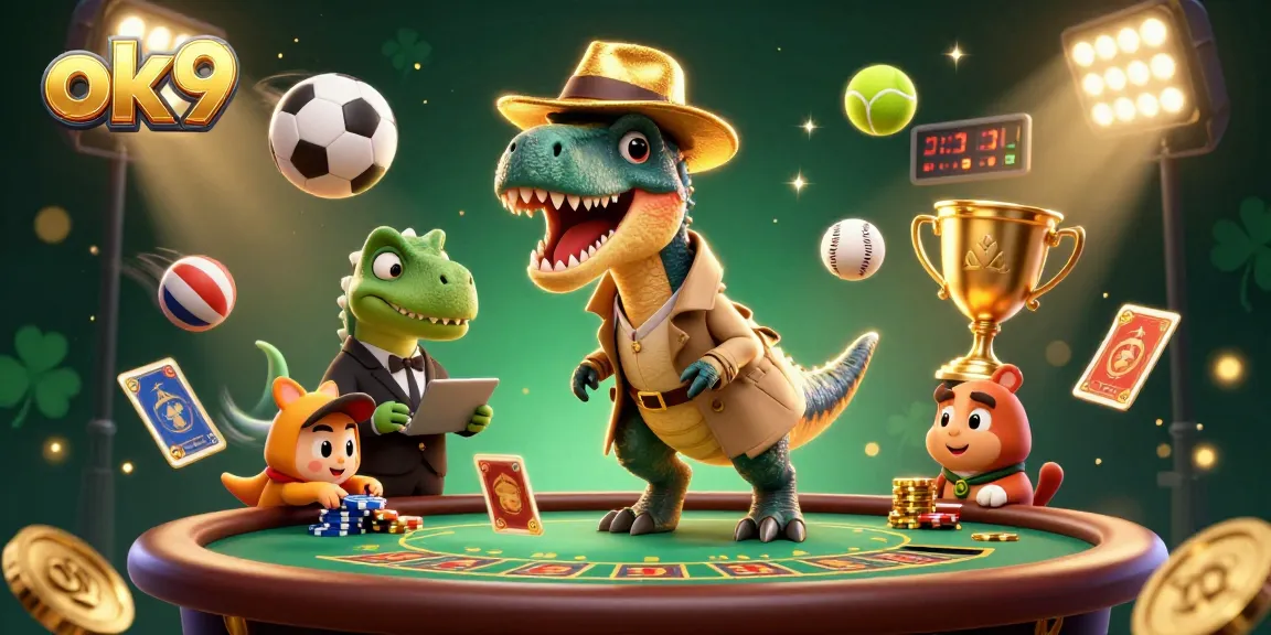 Experience excitement at ok9 with a cartoon velociraptor at a blackjack table, vibrant casino scene.