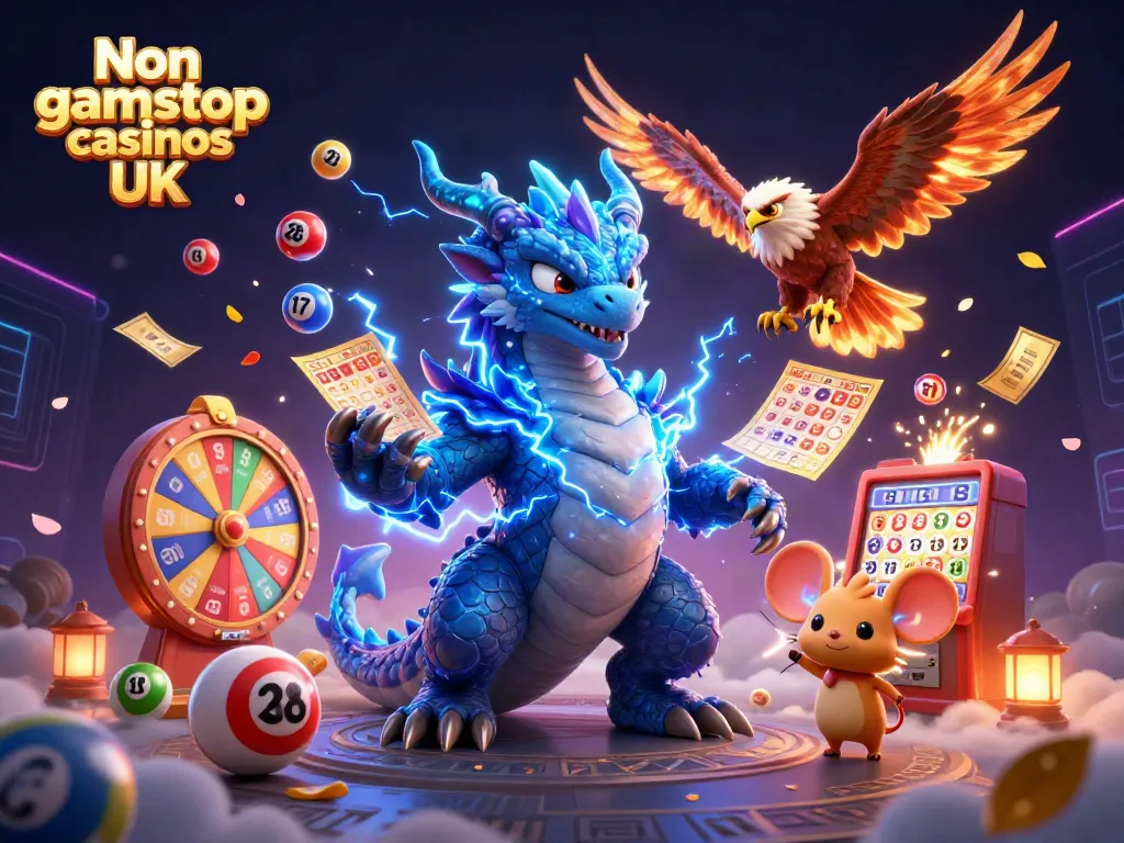 Engage with Non gamstop casinos UK through a vibrant, explosive 3D illustration featuring unique characters and dynamic casino elements.