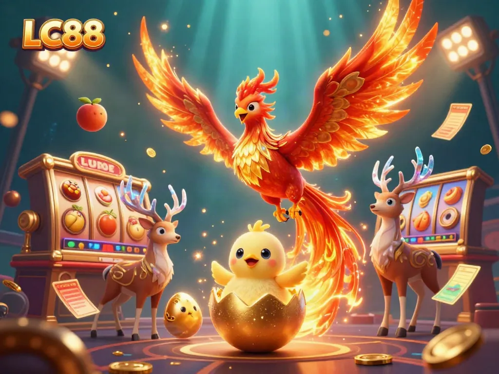 Engage with the dynamic LC88 casino scene featuring vibrant phoenix and slot reels.