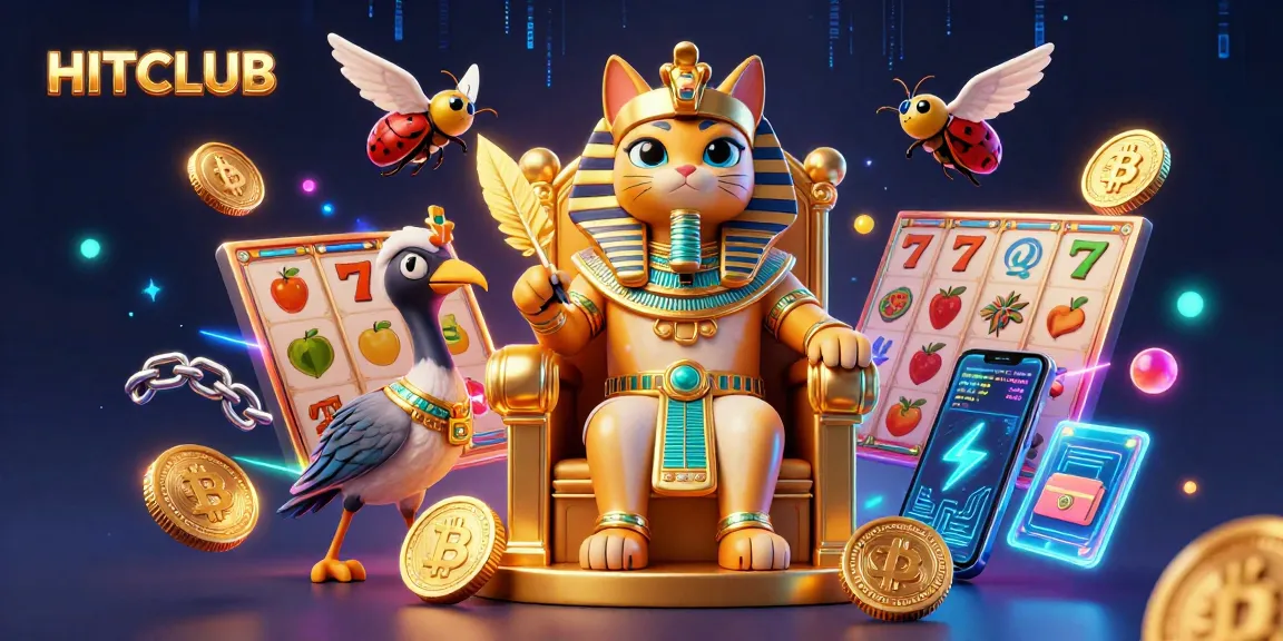 Experience winning strategies at HITCLUB with vibrant 3D casino artwork featuring Egyptian themes and crypto elements.
