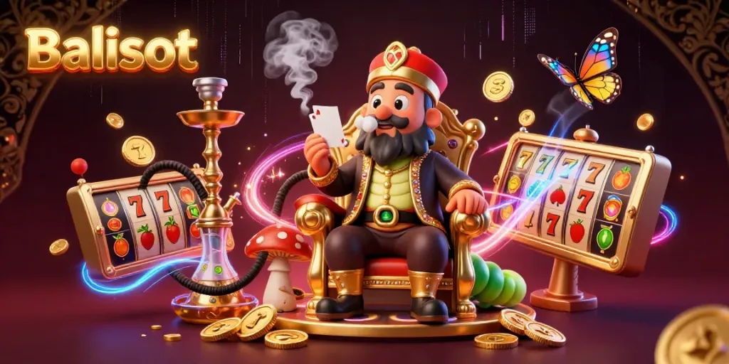 Experience the vibrant world of Balislot with slots, poker hand symbols, and a mysterious caterpillar master.