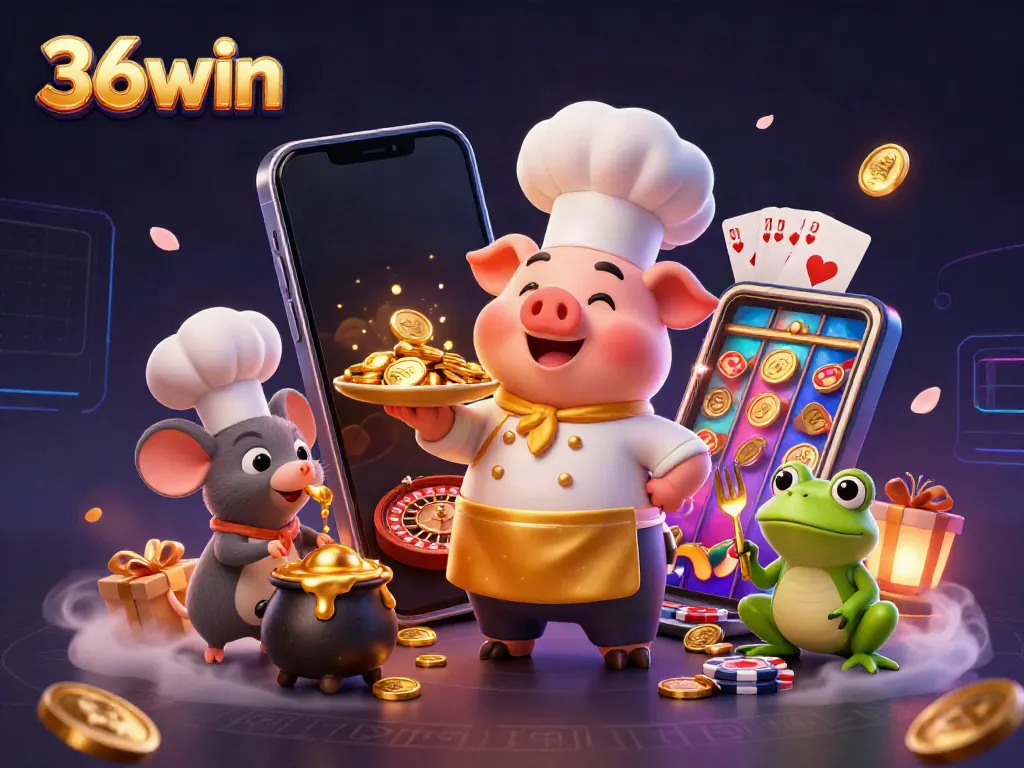 Experience the excitement of 36win with a chef pig serving gold coins alongside a gaming scene.