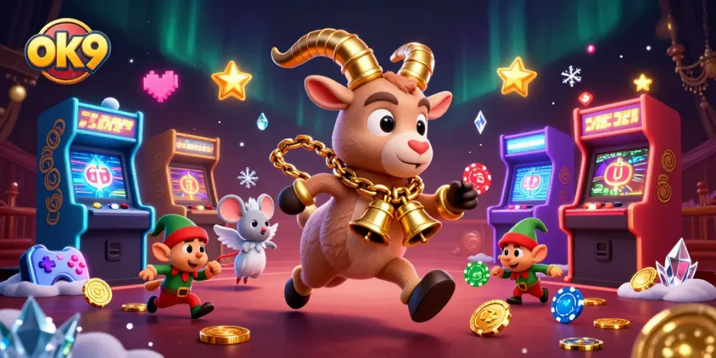 Experience the thrill of ok9 gaming with a festive Krampus goat overseeing chaotic casino fun.