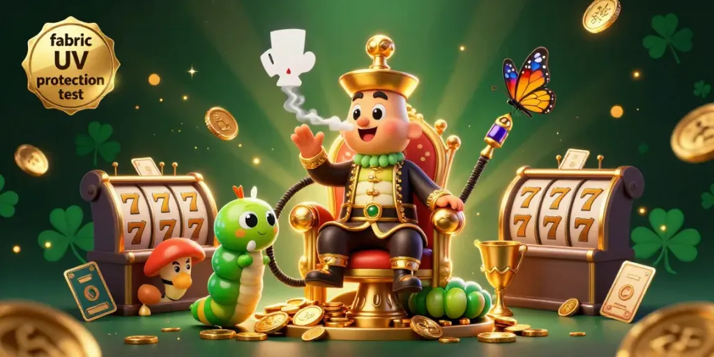 Dynamic scene depicting fabric UV protection test with a caterpillar hookah-master and casino elements