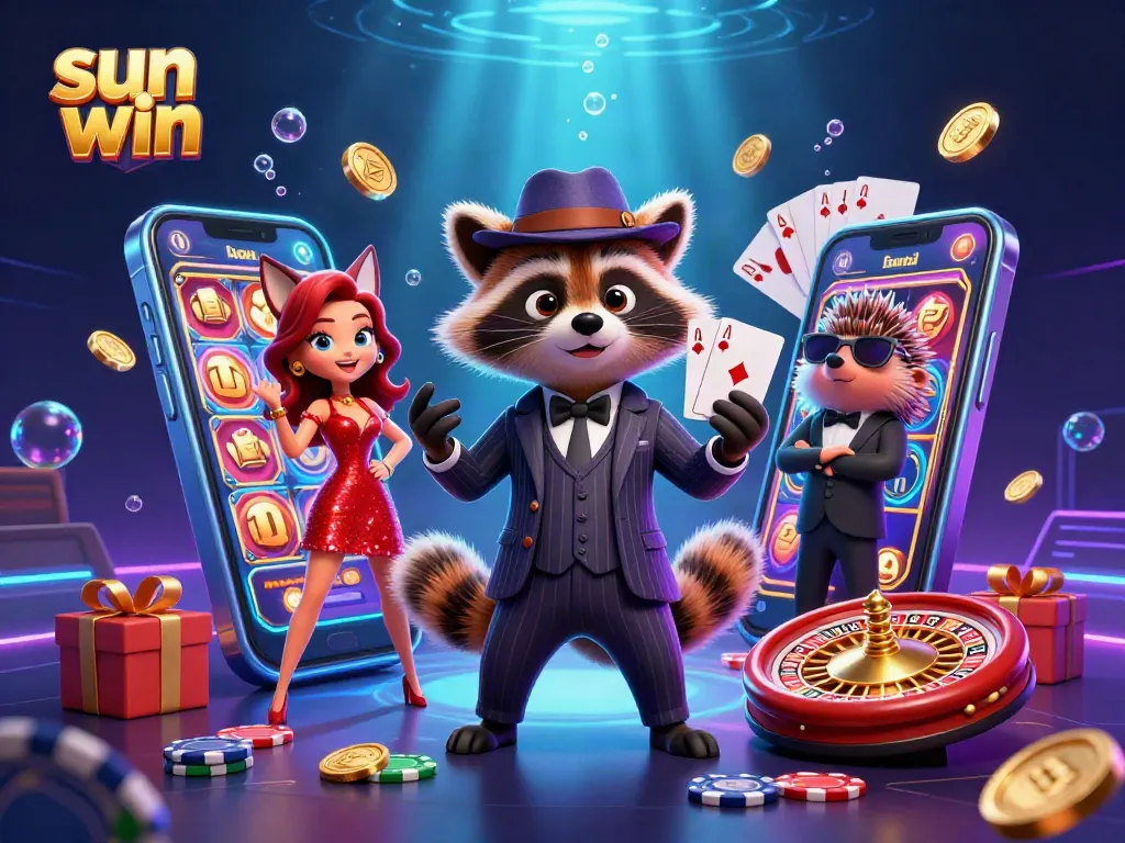 Join the thrilling world of sun win with a suave raccoon, elegant fox, and hedgehog in a vibrant casino scene.