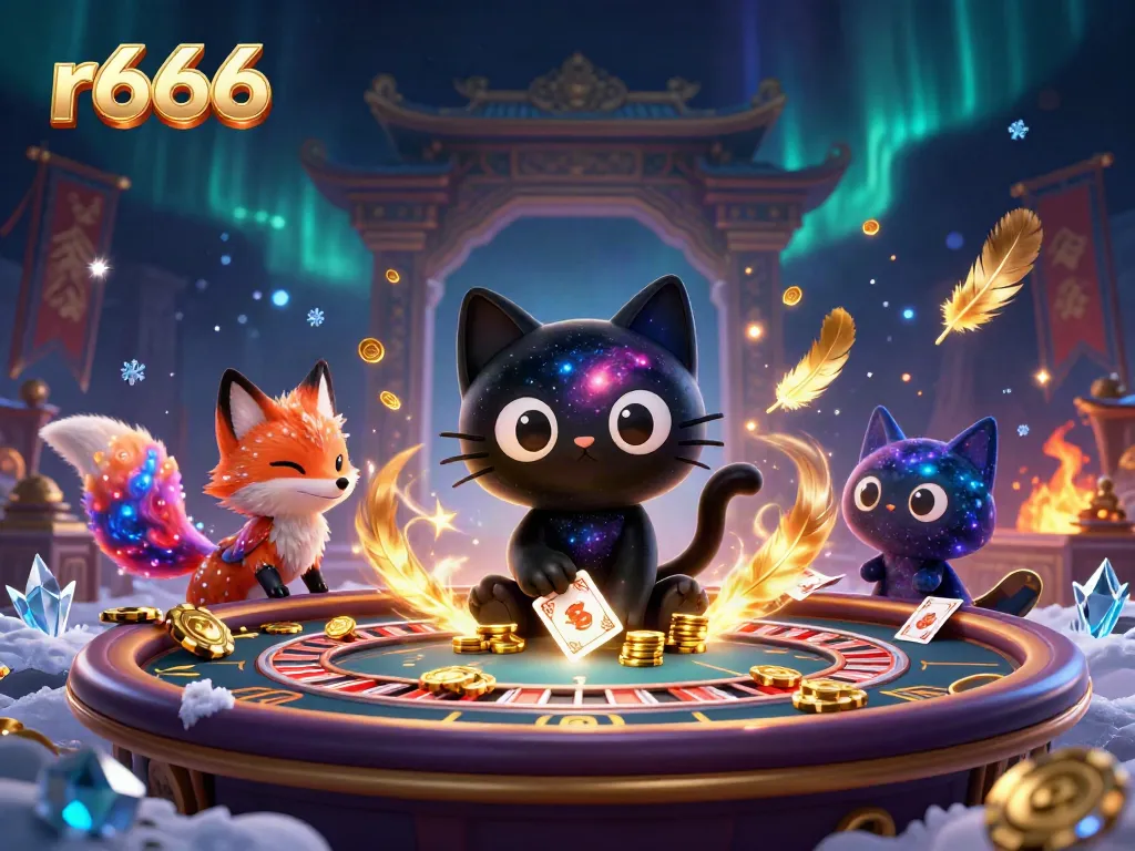 Engage with r666 in a vibrant cosmic casino scene featuring playful characters, gold chips, and excitement.
