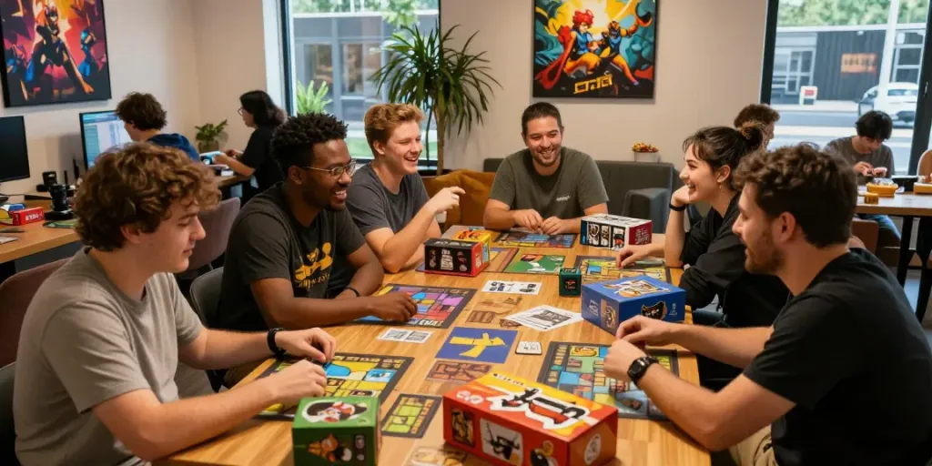 Engaging HITCLUB gaming lounge atmosphere with players enjoying tabletop games and snacks.