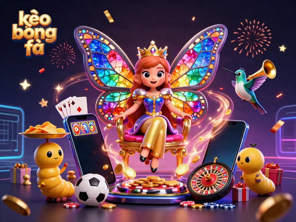 Engaging illustration of kèo bóng đá featuring a butterfly queen in a sports-themed scene with vibrant colors and dynamic elements.