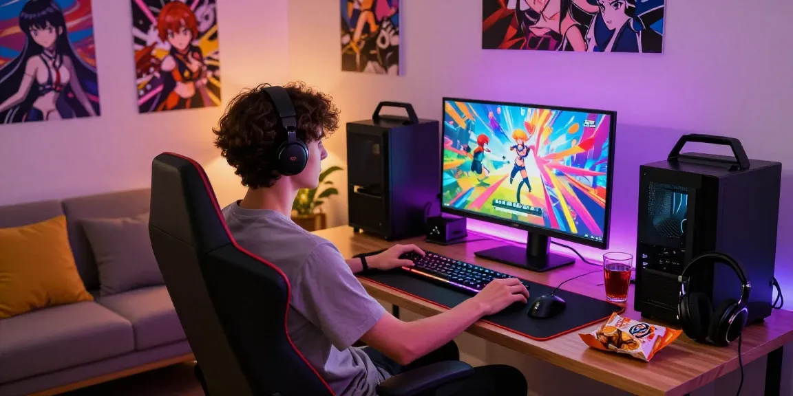 Immersive gaming scene featuring a person engaged in hentai games with vibrant visuals and modern setup.