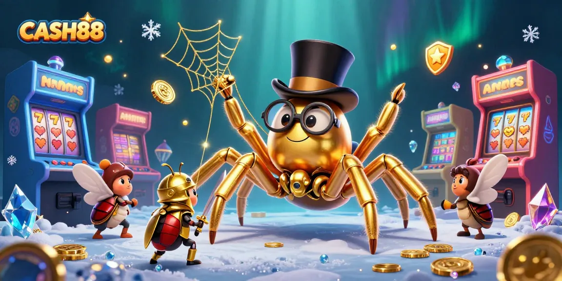 CASH88 players engaging with a magical casino scene featuring a golden tarantula and a beetle knight.