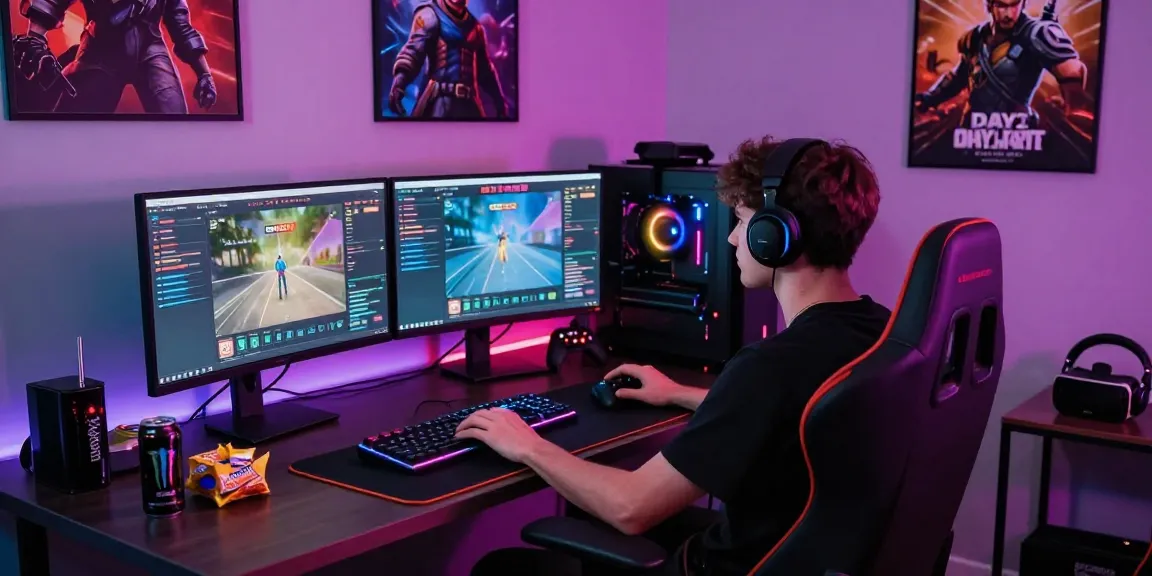 Immersive gaming setup featuring DayZ Cheat interface on multi-monitor display with vibrant RGB lighting.