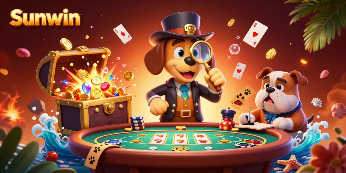 Sunwin casino-style illustration showcasing a detective bloodhound investigating poker clues amid colorful gaming elements.