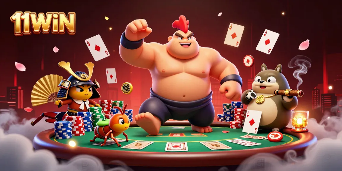 11WIN showcases an energetic poker scene with a powerful rooster sumo wrestler and samurai cricket.