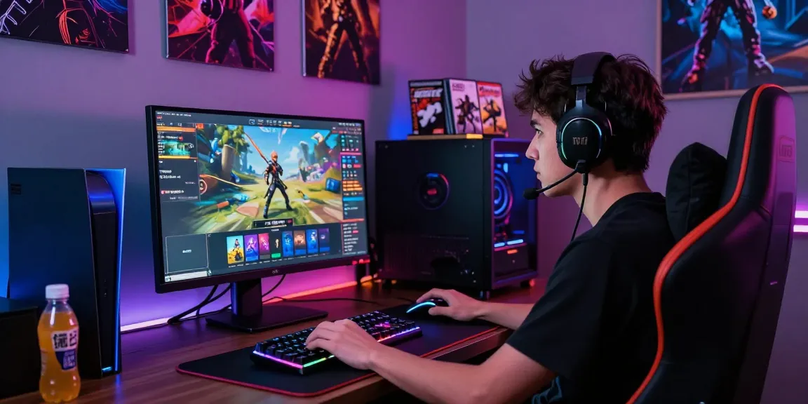 Gamer fokus bermain boswin88 dengan perangkat gaming canggih di ruangan berwarna-warni.