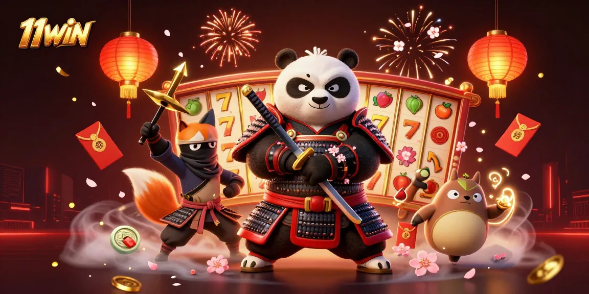 Engage with 11WIN's dynamic 3D samurai panda, ninja fox, and spirit tanuki in an exciting casino scene.