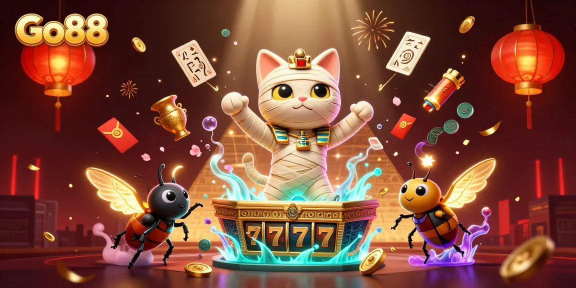 Engage with Go88's exciting 3D casino scene featuring a mummy cat and vibrant games.